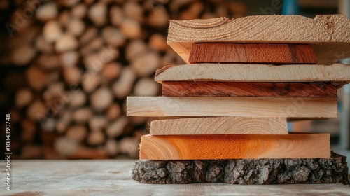 Different timber slices with bark are stacked together in workshop, evoking authenticity and craftsmanship with a focus on natural, raw edges.