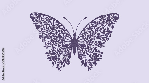 A delicate and intricate butterfly silhouette with fine details, set against a solid lavender background.