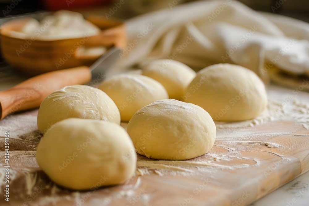 Six balls of raw dough are proofing on a wooden board, dusted with flour, in a kitchen setting Six balls of raw dough are proofing on a wooden board, dusted with flour, in a kitchen setting