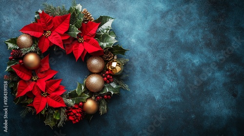 Festive Christmas wreath with poinsettias, holly, pine cones, and gold ornaments on a dark blue background.