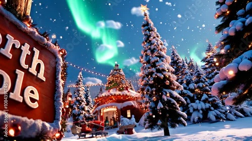 A whimsical scene of Santa's workshop at the North Pole, adorned with twinkling lights, candy cane pillars, and snow-covered rooftops
