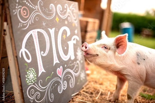 Adorable Hand-Drawn Pig Illustration with Charming Lettering Perfect for Farm-Themed Decor or Children's Products photo