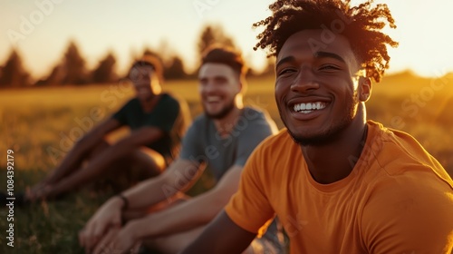 A group of men sitting together on grass are captured smiling during sunset, enjoying the simplicity, friendship, and tranquility of the outdoor setting. photo