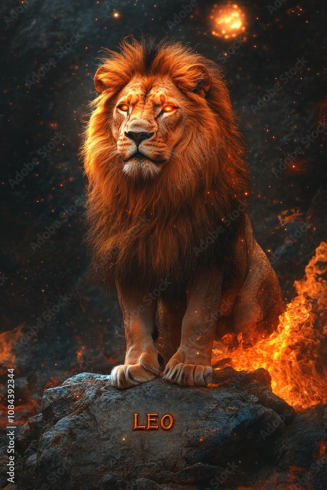 Fototapeta premium Celestial Leo zodiac lion with glowing golden orbs and astral energy, AI generated