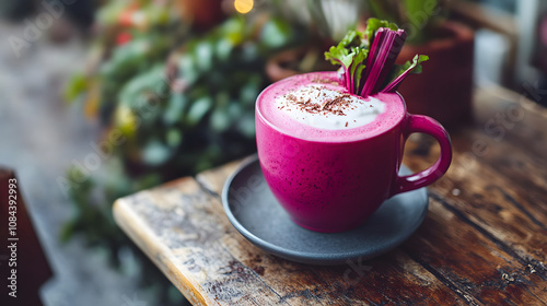 Indulgent Beetroot Latte Rich in Nutrients Topped with Whipped Coconut Cream and Cacao Nibs photo