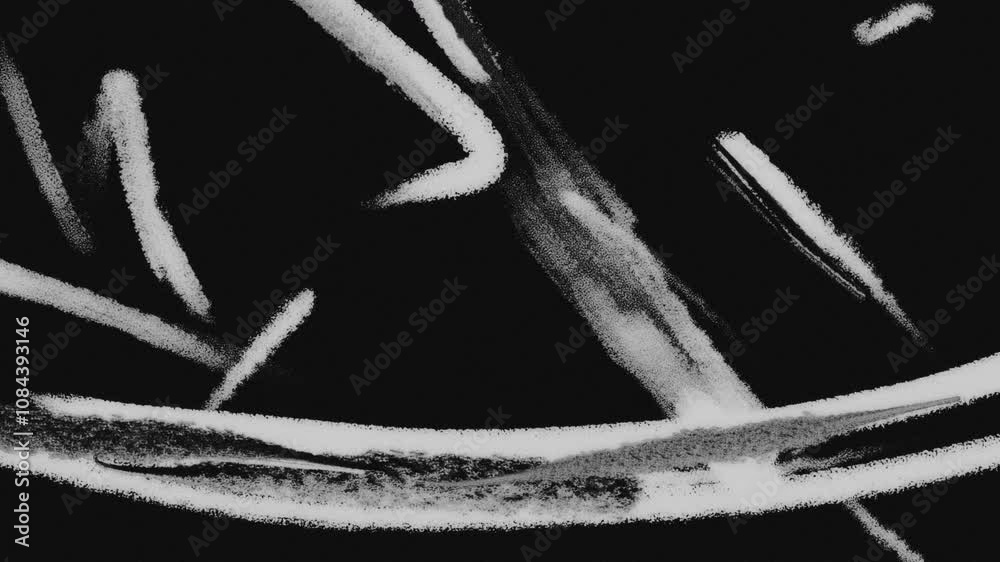 Monochromatic animation of white grunge pencil and brush doodle lines and textures on black background. Low frame rate effect. Seamless loop.