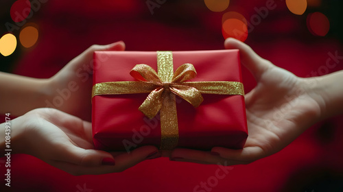 Gift giving moment holiday celebration close-up photography cozy environment warm lighting joyful experience photo