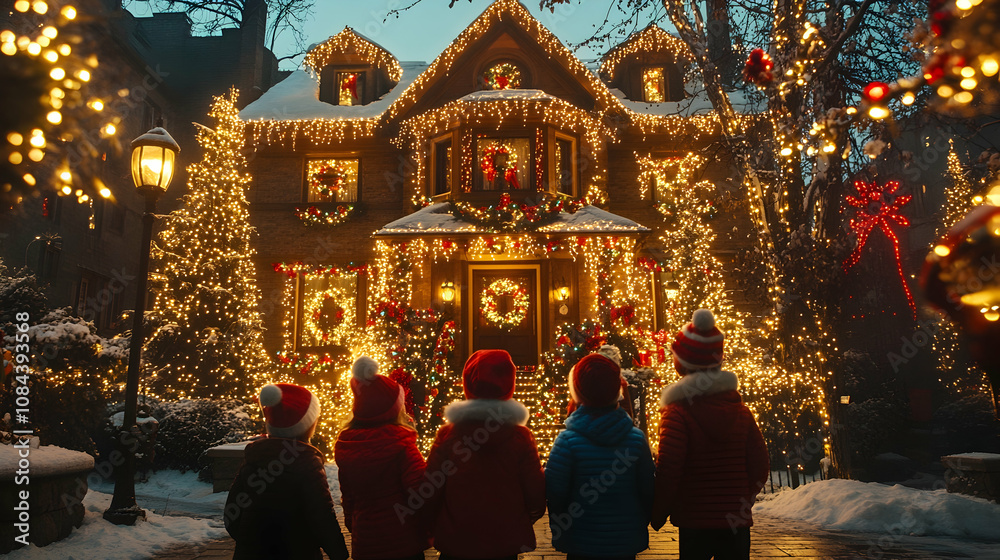 Obraz premium Children admiring a festively decorated house winter wonderland photography urban neighborhood front view holiday spirit and joy