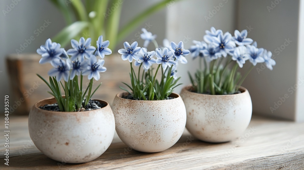 Three small ceramic pots with blue spring flowers on a wooden table. Three small ceramic pots with blue spring flowers on a wooden table.