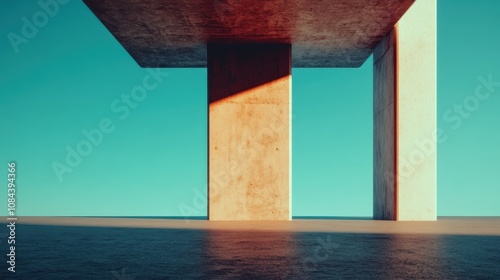 Geometrically aligned concrete pillars are silhouetted against a plain blue sky, architecturally simple yet imposing, invoking modern minimalism and structural purity. photo