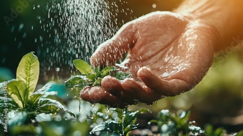 A human hand helps nourish young plants by pouring fresh water, highlighting the relationship between humans and nature, care, and sustainability in gardening. photo