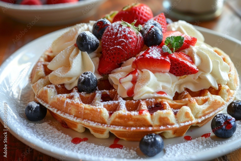 Delicious waffle decorated with fresh fruit and whipped cream on a white plate, being dusted with powdered sugar