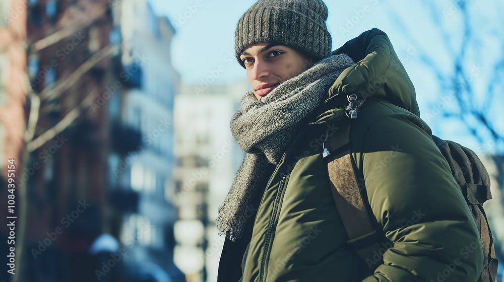 A heavy-duty down parka in olive green, styled with a chunky knit scarf and a beanie, perfect for harsh winter conditions. A heavy-duty down parka in olive green, styled with a chunky knit scarf and a beanie, perfect for harsh winter conditions.