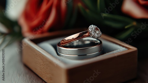 This image captures a beautifully designed wedding ring set in an elegant box with roses nearby, symbolizing eternal love and the beauty of commitment. photo