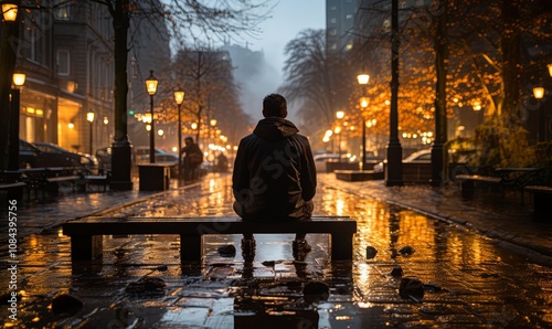 Man Sitting on Bench in Rain photo