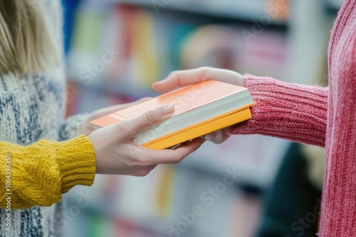 Two people exchanging a book in a library setting.