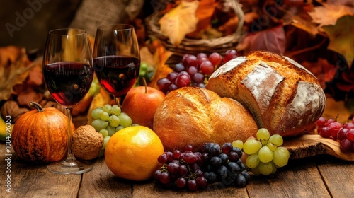 Autumn harvest display with wine and fresh produce on a wooden table