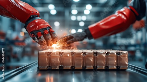 Two red robotic hands skillfully assemble a battery pack on a conveyor belt in a modern factory setting, illustrating teamwork, precision, and automation in action. photo