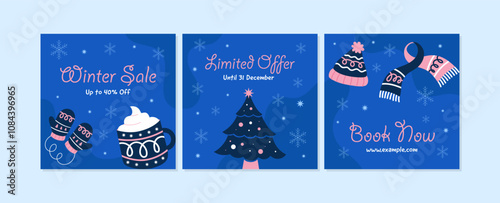 Hand drawn flat winter discount promotion sale illustration and social media posts template
