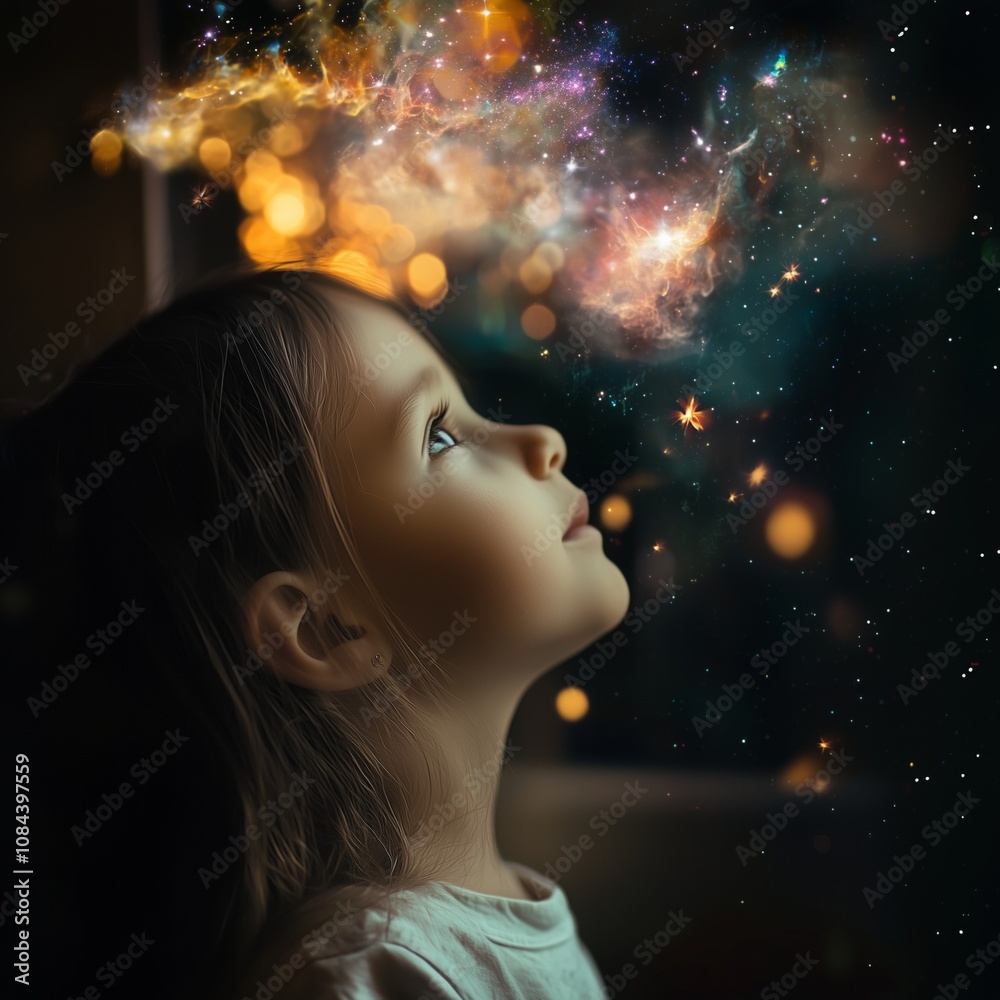 A child's gaze towards the cosmos, with stars and galaxies swirling above, sparking curiosity and wonder. A child's gaze towards the cosmos, with stars and galaxies swirling above, sparking curiosity and wonder.