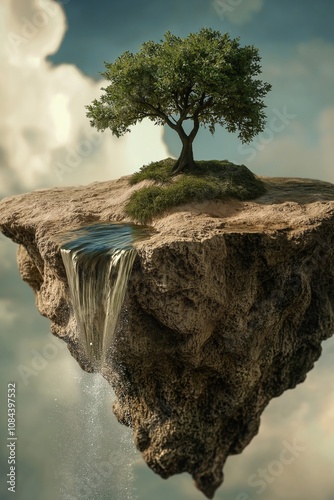 A magical scene of a floating island with a tree and waterfall, amidst a blue sky and clouds. photo