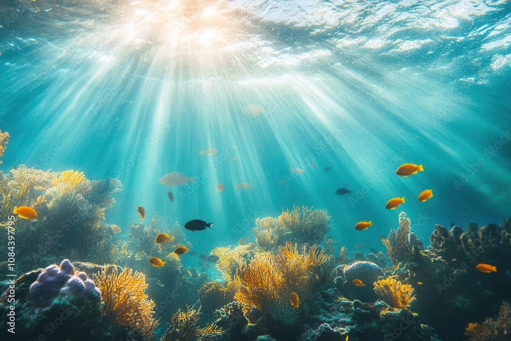 Fototapeta premium Underwater scene with vibrant marine life and sun rays illuminating the coral reef.