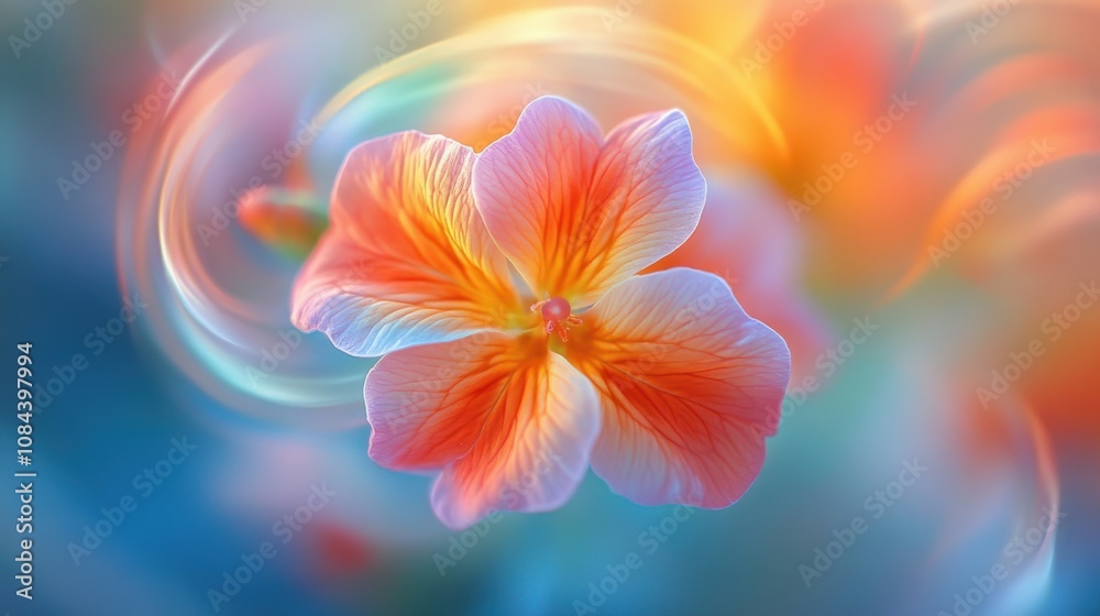 Fototapeta premium Close-up of a Primrose bloom in sharp focus, set against a super-pixelated, dizzy background of swirling vibrant colors.