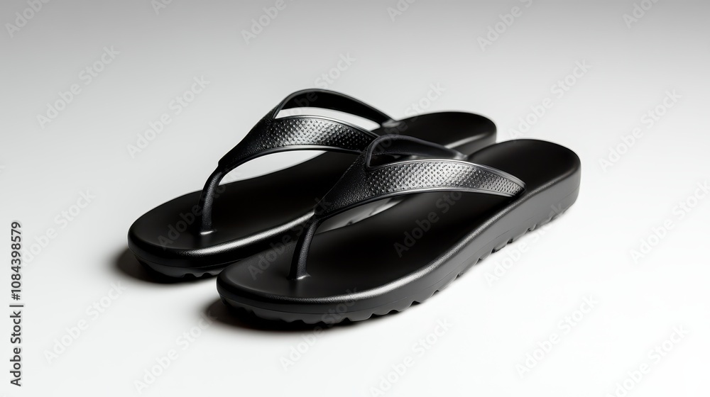 Minimalist black flip flops placed on a smooth gray marbled surface, embodying simplicity and casual elegance. Ideal for fashion or footwear designs. Minimalist black flip flops placed on a smooth gray marbled surface, embodying simplicity and casual elegance. Ideal for fashion or footwear designs.