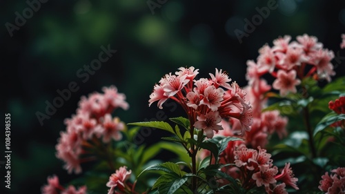 Close-up of delicate pink flowers blooming on a green bush with a blurred green background.