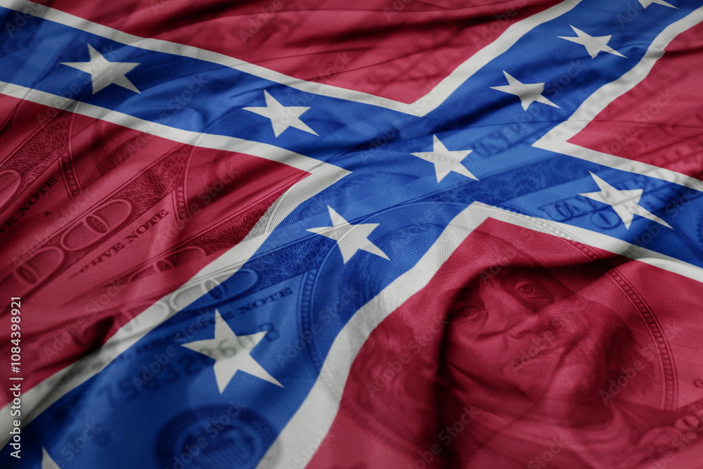 waving colorful confederate flag on the dollar money background. finance concept. waving colorful confederate flag on the dollar money background. finance concept.
