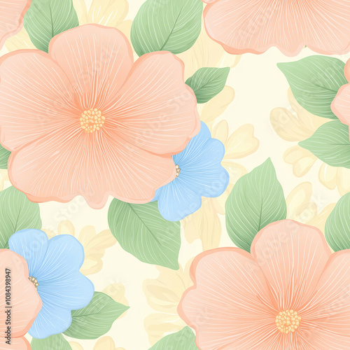 Delicate Floral Pattern with Soft Peach and Blue Flowers on Light Yellow Background, Perfect for Textile Design, Wallpaper, and Invitations