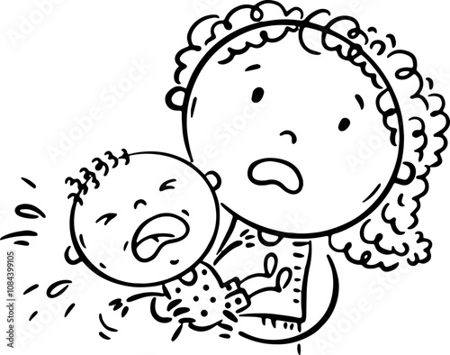 Cartoon baby cries in mother's arms, outline vector illustration
