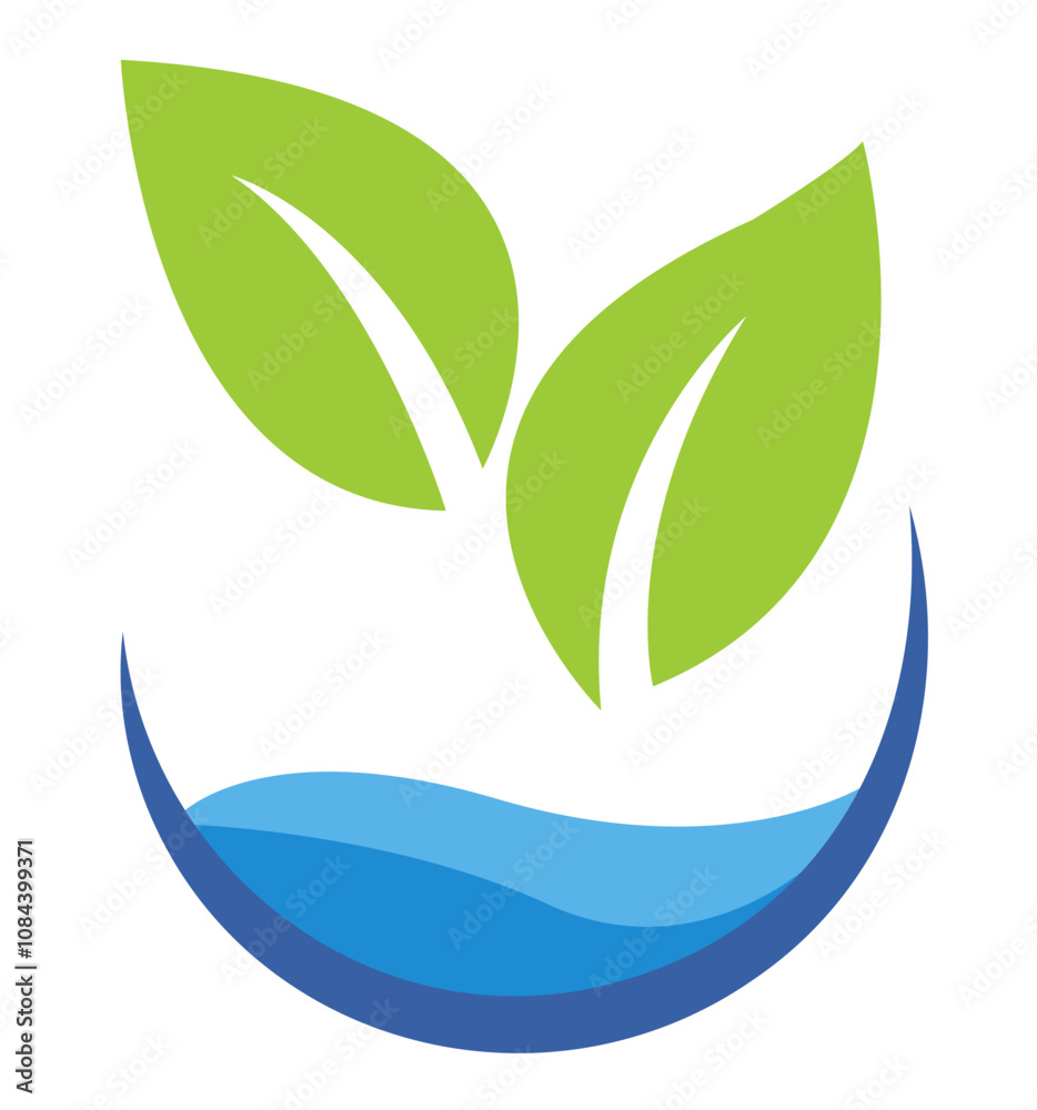 Obraz premium logo shows two bright green leaves growing above a blue water wave on a white background. The concept represents hydroponics, gardening, and eco-friendliness