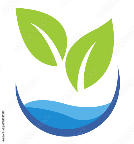 logo shows two bright green leaves growing above a blue water wave on a white background. The concept represents hydroponics, gardening, and eco-friendliness