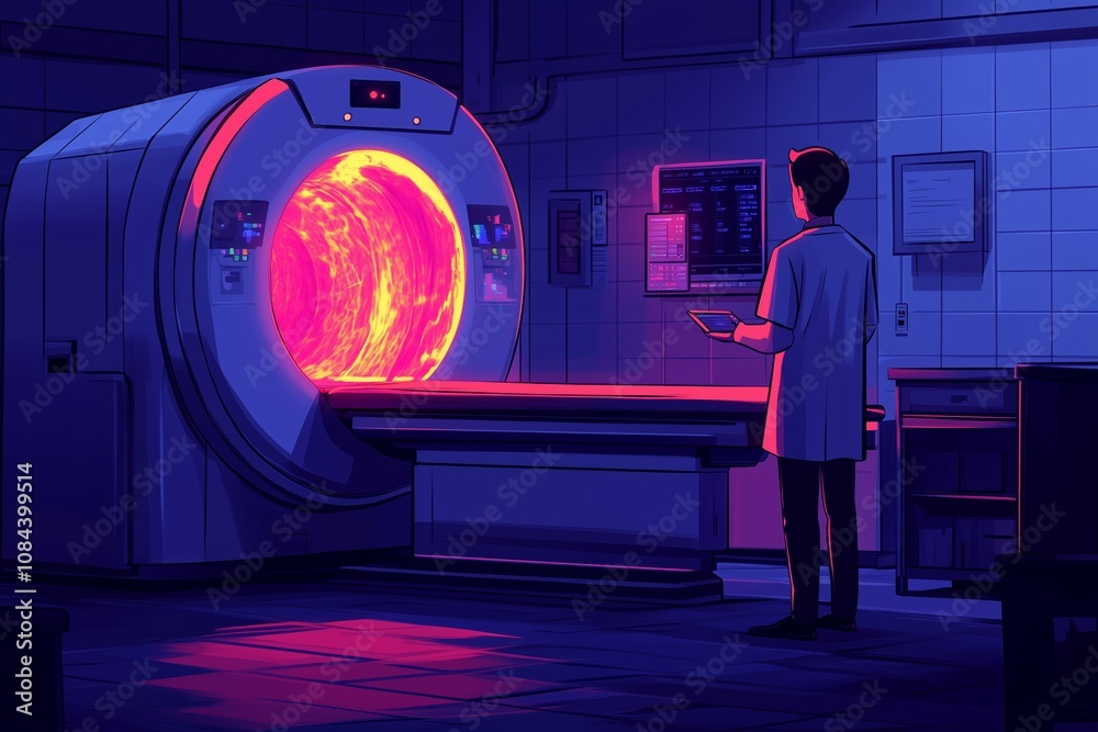  futuristic oncology consultation room featuring an illuminated MRI scanner displaying a vivid brain image in bright pink tones.