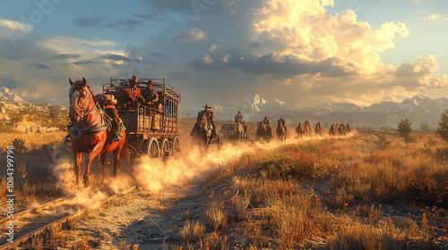 Open on a dusty trail in the Old West. A line of wagons train moves slowly kicking up clouds of dirt. In the lead wagon, two cowboys sit atop their horses, looking up ahead at a rugged,