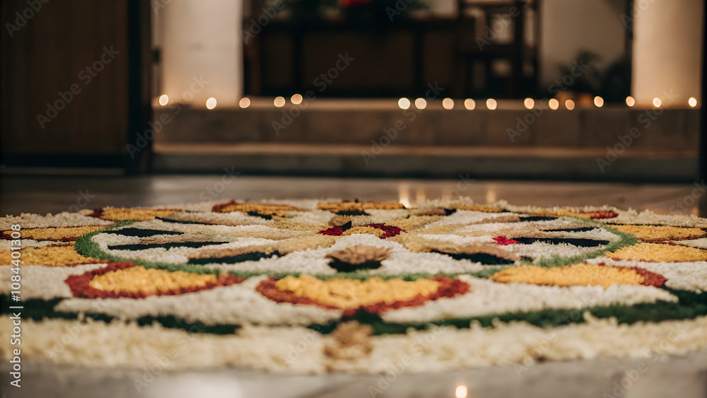 Carpet with multicolored flowers and candles in the church. Diwali is the Hindu festival of lights. Carpet with multicolored flowers and candles in the church. Diwali is the Hindu festival of lights.