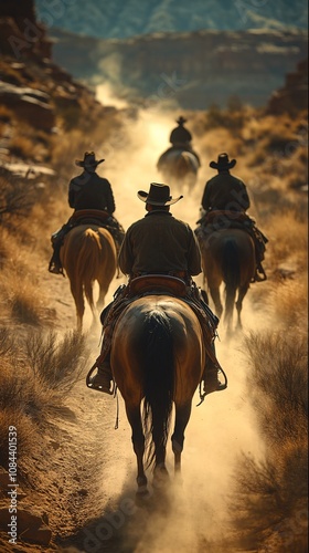 Open on a dusty trail in the Old West. A line of wagons train moves slowly kicking up clouds of dirt. In the lead wagon, two cowboys sit atop their horses, looking up ahead at a rugged,