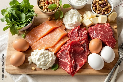 Fresh Assortment of High-Quality Proteins and Healthy Ingredients on Wooden Cutting Board