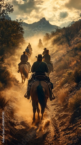 Open on a dusty trail in the Old West. A line of wagons train moves slowly kicking up clouds of dirt. In the lead wagon, two cowboys sit atop their horses, looking up ahead at a rugged,
