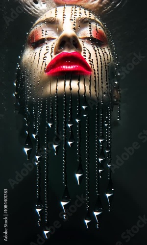 Abstract woman face in black and white and red lipstick, the head covered in chains and diamonds. Drops of glass hang from his mouth and fall down his chin, on a black background.Glittercore Aesthetic photo