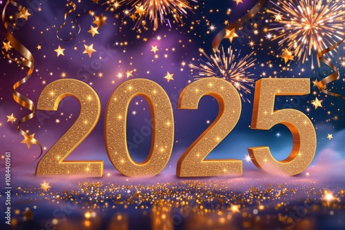 Glittering Gold 2025 New Year Celebration with Fireworks and Streamers