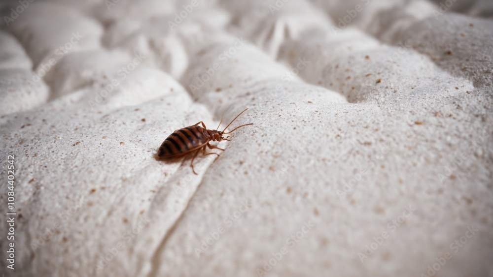 Close-up view of a bed bug crawling on a textured surface in a dimly lit room at night