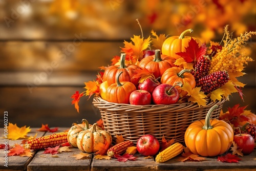 Harvest Celebration: A Rustic Basket Filled with Pumpkins, Apples, and Autumn Leaves