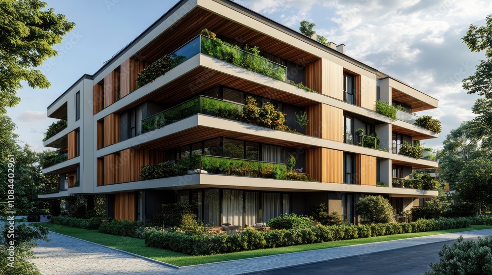 Obraz premium Modern apartment building with wooden accents nestled amid lush greenery, epitomizing sustainable urban living.