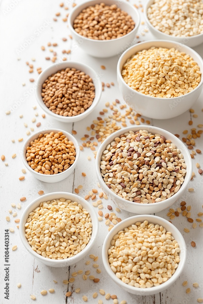 Assorted Variety of Raw Seeds in White Bowls on Rustic Wooden Background Assorted Variety of Raw Seeds in White Bowls on Rustic Wooden Background