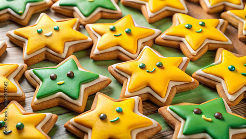 Christmas cookies in the form of a star on a wooden background. Playing Korean Dalgona or Ppopgi cookies from Squid Game challenge. Star shape photo