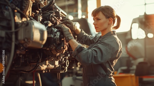 Confident female mechanic in her early 30s with short brown hair, wearing a gray jumpsuit and gloves, supervising and adjusting a large truck engine in a professional workshop setting. photo