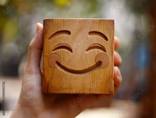 Select a bright emotion, hand holding a ???? face printed on a wooden block, showcasing cheerfulness