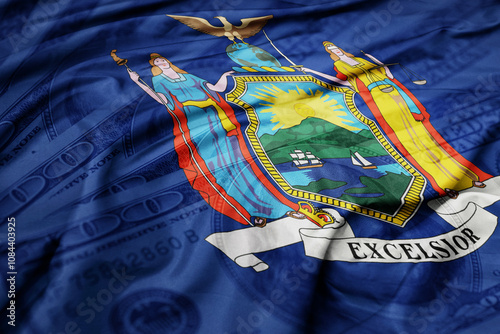 waving colorful new york state flag on the dollar money background. finance concept.